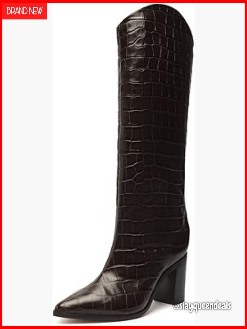 Knee-High Block Heel Boots Crocodile Embossed Leather Zip Closure